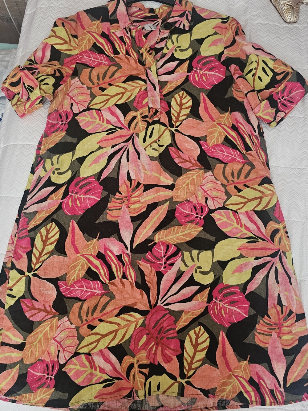 Chico's Black Shift Dress with Pink, Orange & Lime Leaf Print - Picture 2 of 4
